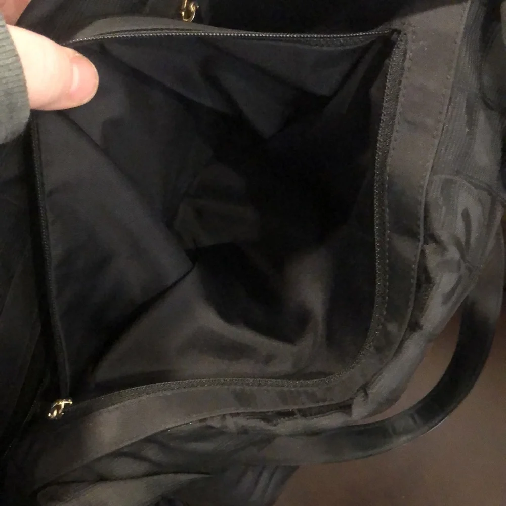 CHANEL Black Leather and Black Canvas Traveline Shoulder Bag AUTHENTIC
